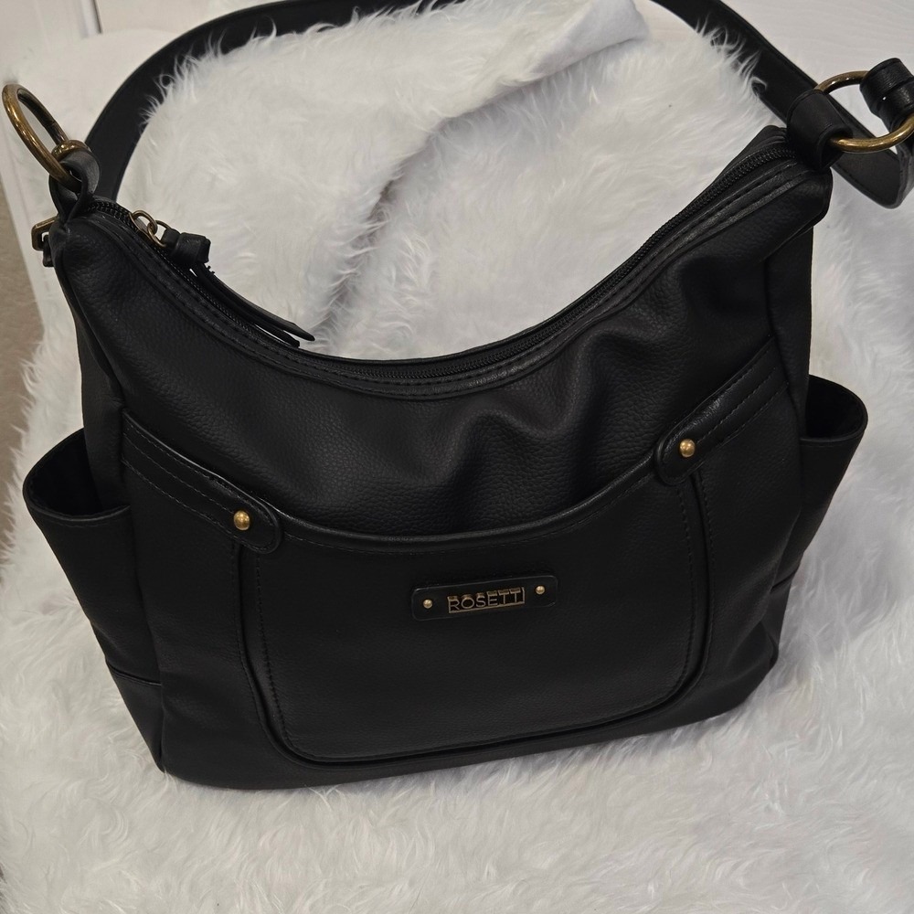 Rosetti Black Faux Leather Hobo Shoulder Bag With Multiple Pockets